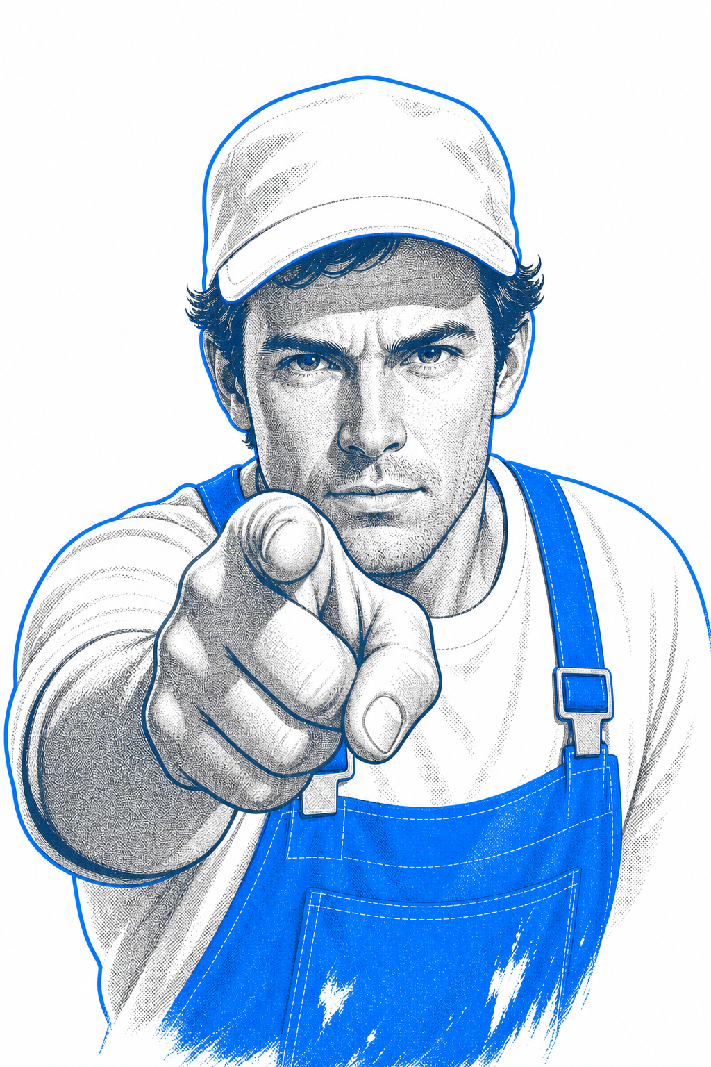 Illustration eines Malers in weißer Arbeitskleidung, der mit ausgestrecktem Finger direkt auf dich zeigt, in Anlehnung an das klassische „I want you